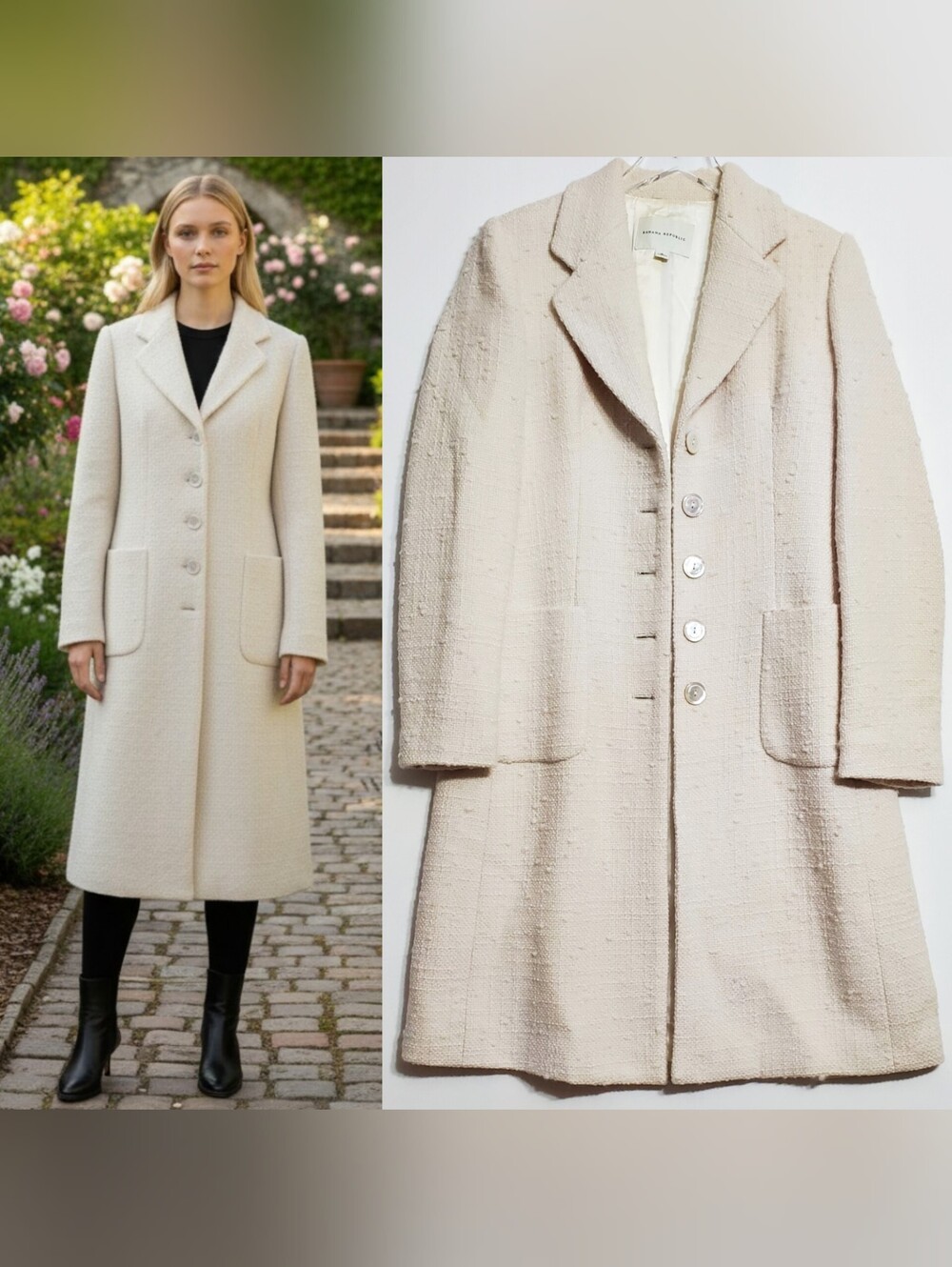 Banana Republic medium tweed wool long coat jacket beige button pockets winter